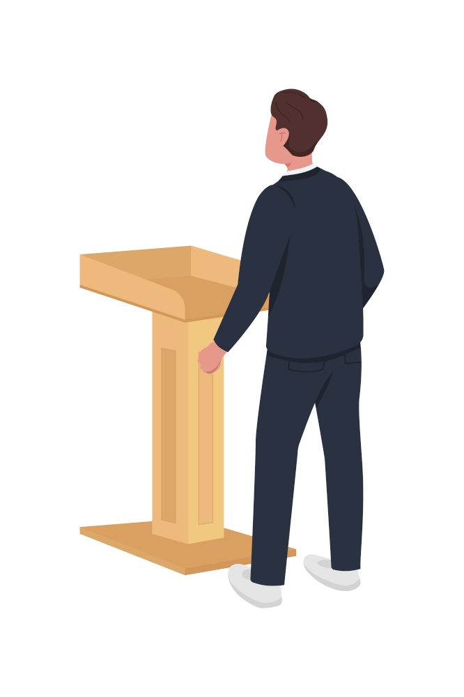 Male lecturer behind lectern semi flat color vector character. Standing figure. Full body person on white. Graduation speech isolated modern cartoon style illustration for graphic design and animation. Male lecturer behind lectern semi flat color vector character
