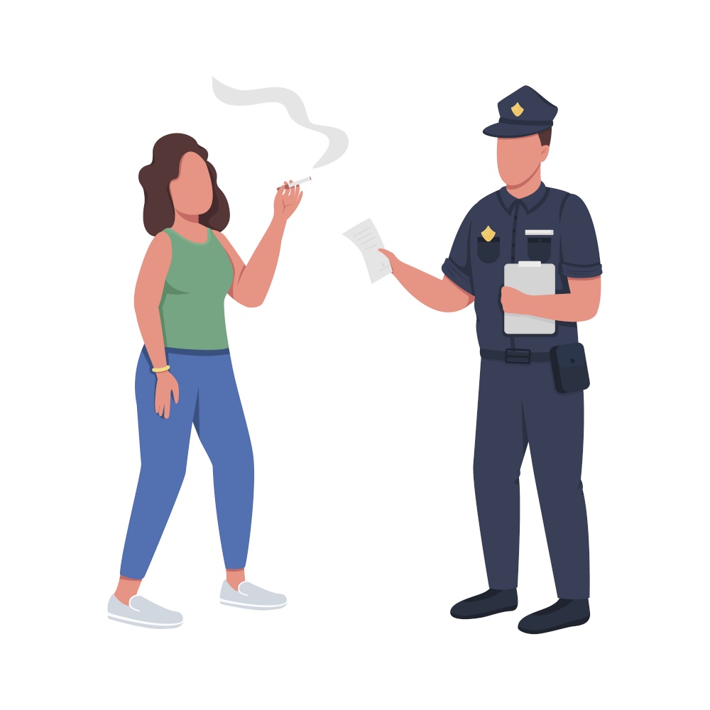 Policeman giving fine for smoking semi flat color vector characters. Full body people on white. Ban smoking in public place isolated modern cartoon style illustration for graphic design and animation. Policeman giving fine for smoking semi flat color vector characters
