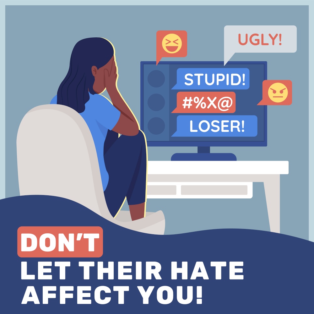 Cyberbullying prevention social media post mockup. Not let their hate affect you phrase. Web banner design template. Booster, content layout with inscription. Poster, print ads and flat illustration. Cyberbullying prevention social media post mockup