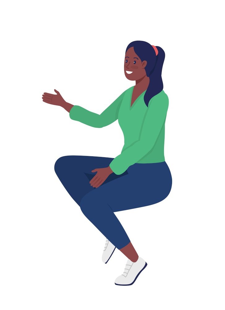 Excited woman talking semi flat color vector character. Sitting figure. Full body person on white. Young adult isolated modern cartoon style illustration for graphic design and animation. Excited woman talking semi flat color vector character