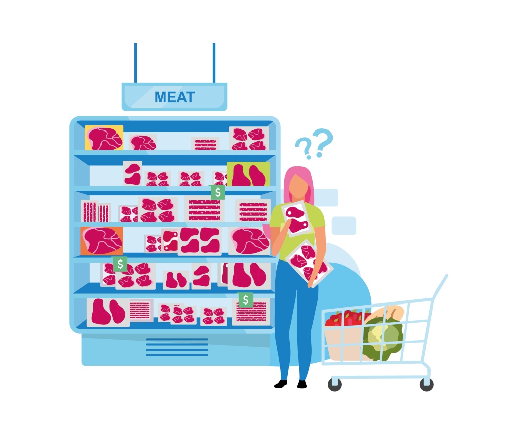 Female customer standing near meat freezer semi flat color vector character. Full body person on white. Choosing fresh food isolated modern cartoon style illustration for graphic design and animation. Female customer standing near meat freezer semi flat color vector character