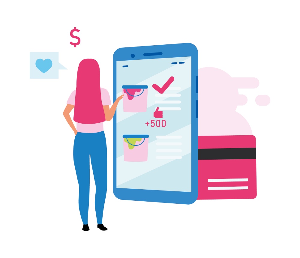 Paying for online goods with credit card flat concept vector illustration. Girl choosing paint online isolated 2D cartoon characters on white for web design. Accept credit card payment creative idea. Paying for online goods with credit card flat concept vector illustration