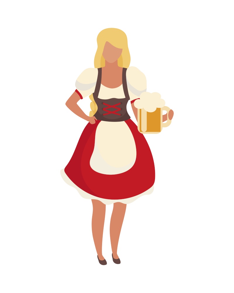 Beer girl wearing dirndl semi flat color vector character. Posing figure. Full body person on white. Oktoberfest waitress isolated modern cartoon style illustration for graphic design and animation. Beer girl wearing dirndl semi flat color vector character