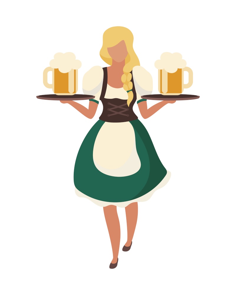 German girl holding large beer glasses semi flat color vector character. Full body person on white. Oktoberfest waitress isolated modern cartoon style illustration for graphic design and animation. German girl holding large beer glasses semi flat color vector character