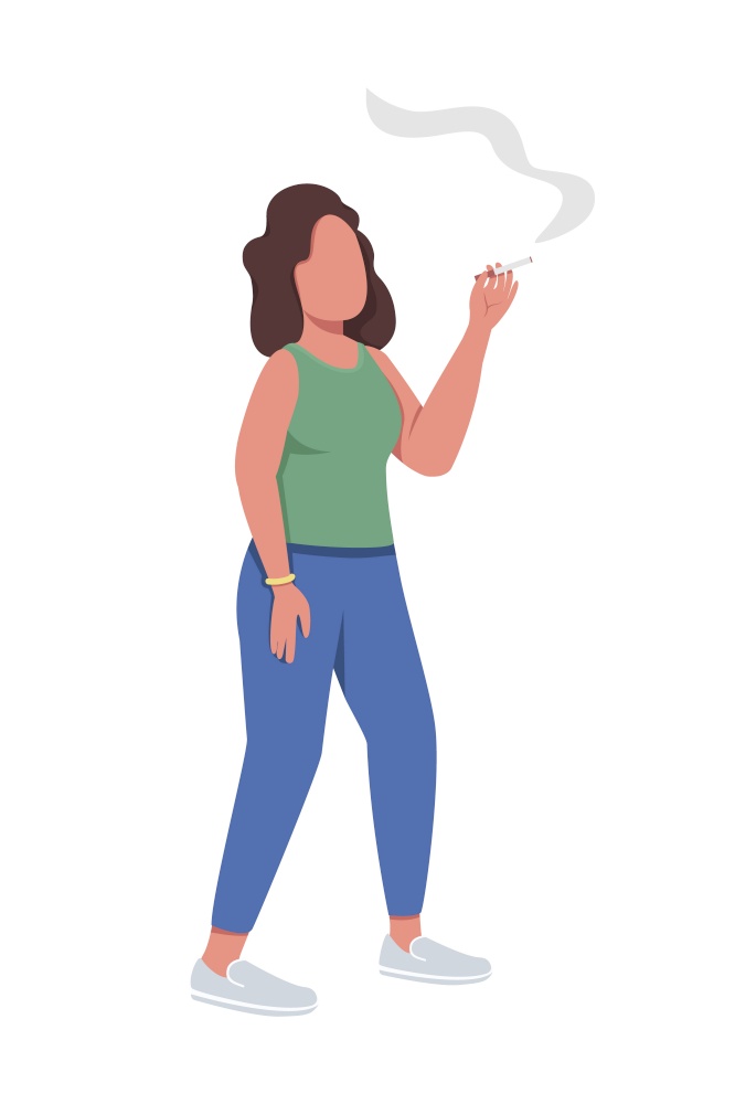 Smoking woman semi flat color vector character. Health risk. Standing figure. Full body person on white. Cigarette smoking isolated modern cartoon style illustration for graphic design and animation. Smoking woman semi flat color vector character