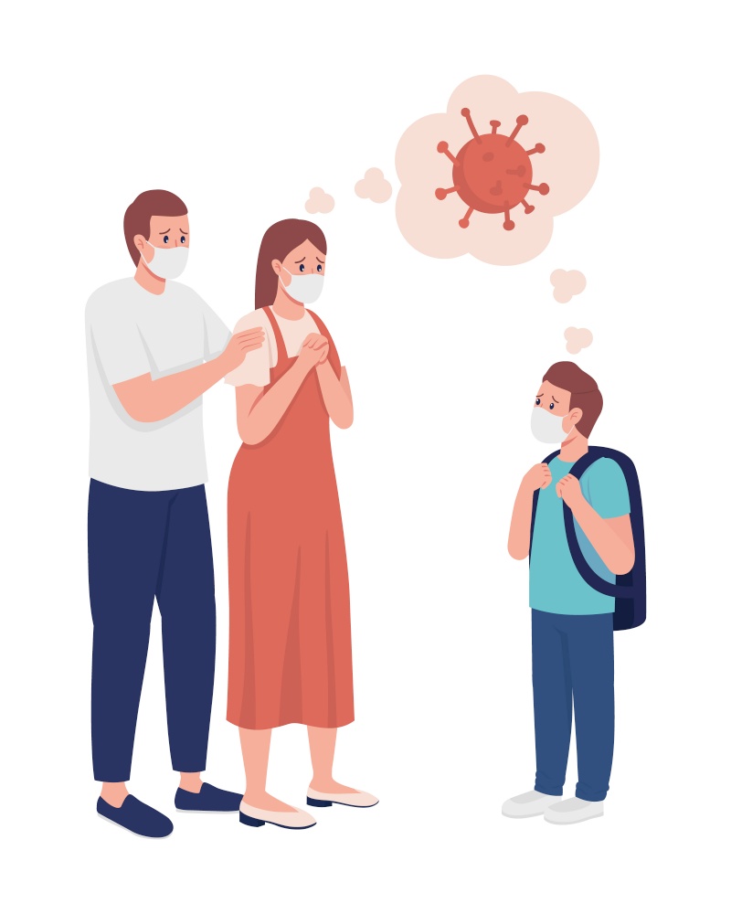 Anxious parents see off their son semi flat color vector character. Family figure. Full body people on white. After covid isolated modern cartoon style illustration for graphic design and animation. Anxious parents see off their son semi flat color vector character