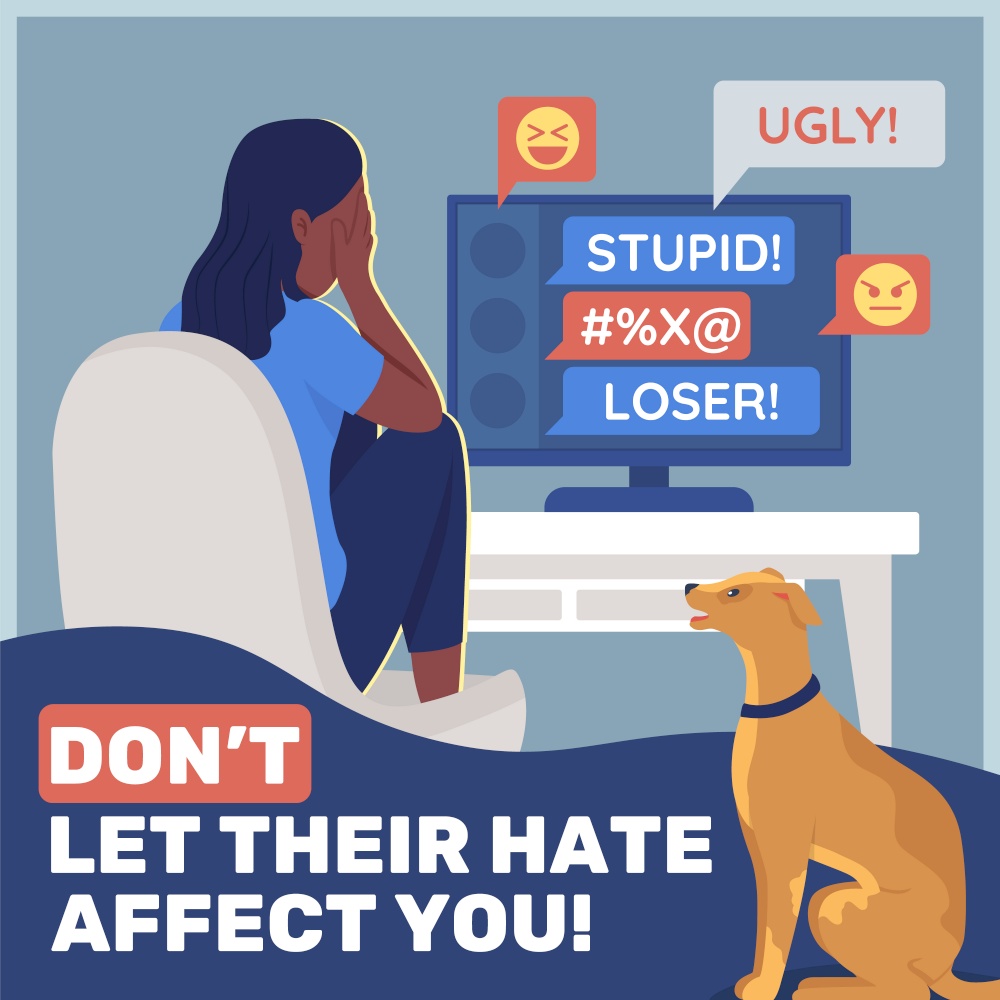 Anti cyberbullying social media post mockup. Do not let their hate affect you phrase. Web banner design template. Booster, content layout with inscription. Poster, print ads and flat illustration. Anti cyberbullying social media post mockup