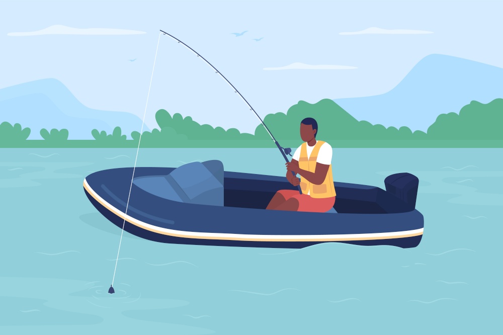 Fisherman in boat flat color vector illustration. Man on ship in freshwater. Luring fish in lake. Recreational hobby activity. Fisher with rod 2D cartoon characters with landscape on background. Fisherman in boat flat color vector illustration