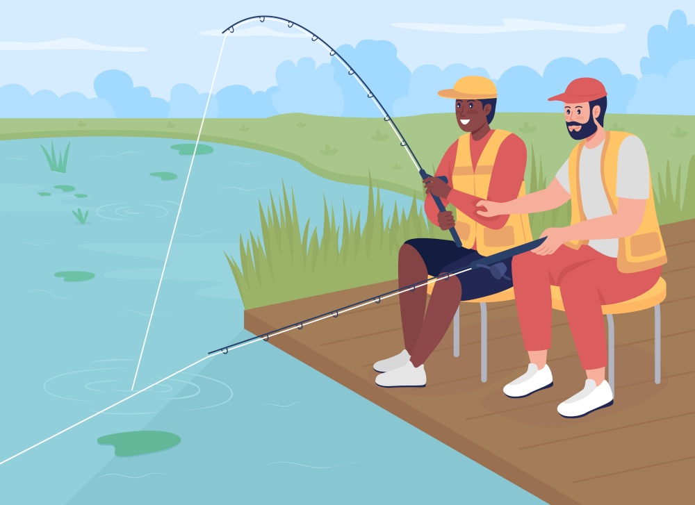 Fishing with friend flat color vector illustration. Recreational hobby. Men sitting baiting fish. Relax in wildlife. Fishers sitting with rods 2D cartoon characters with landscape on background. Fishing with friend flat color vector illustration