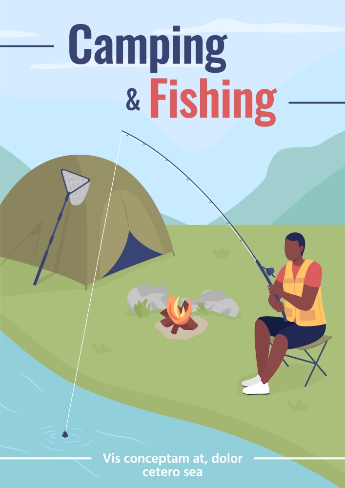 Camping and fishing poster flat vector template. Weekend trip for relaxation. Brochure, booklet one page concept design with cartoon characters. Recreational hobby flyer, leaflet with copy space. Camping and fishing poster flat vector template