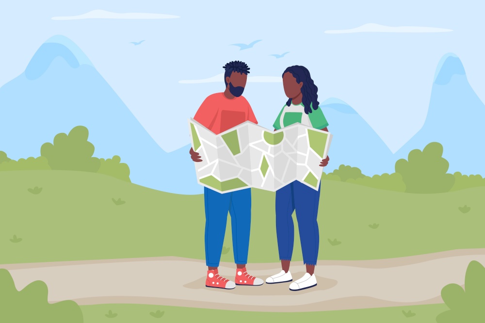 Trekkers with map on road flat color vector illustration. Backpackers planning tour. Boyfriend and girlfriend searching for trail route 2D cartoon characters with landscape on background. Trekkers with map on road flat color vector illustration