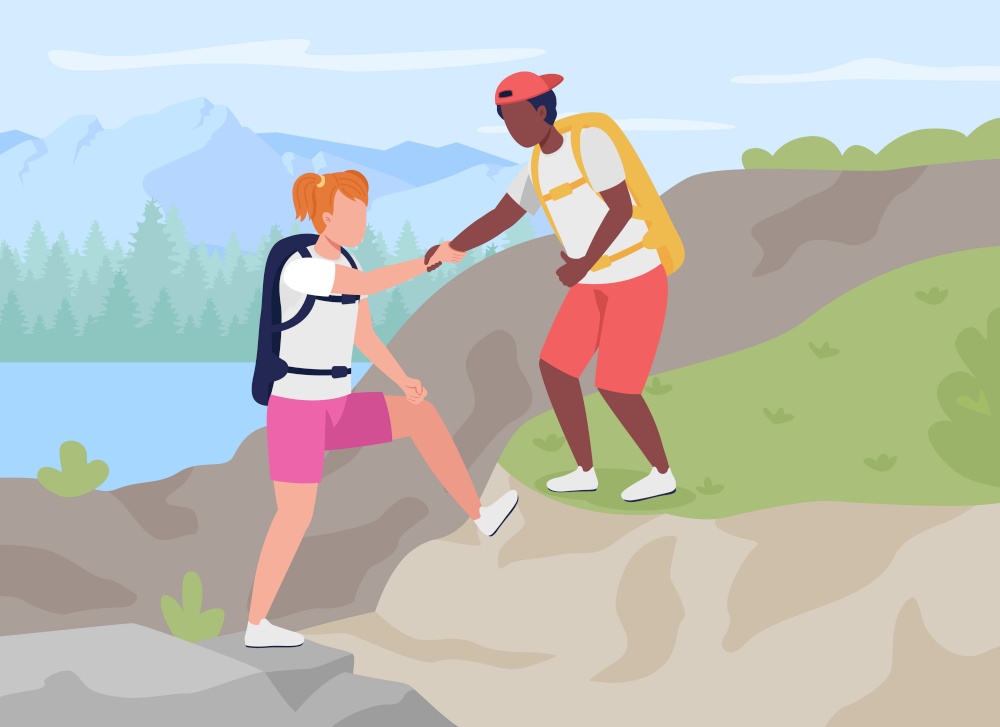 Couple mountaineering flat color vector illustration. Trekking adventure. Tourists on trip. Boyfriend helping girlfriend on active recreation 2D cartoon characters with landscape on background. Couple mountaineering flat color vector illustration