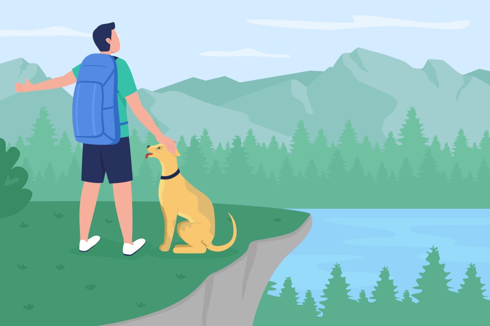 Backpacker with dog flat color vector illustration. Hiker on mountain peak enjoying view. Adventure in wilderness. Male camper with pet 2D cartoon characters with landscape on background. Backpacker with dog flat color vector illustration