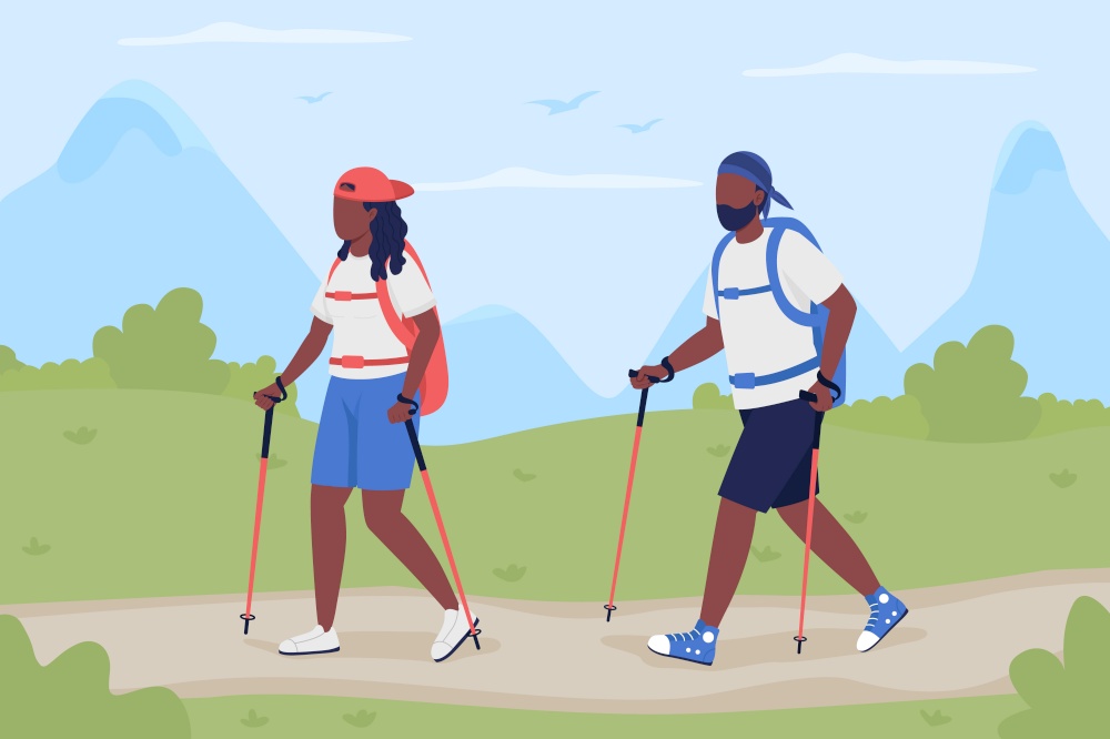 Couple trekking together flat color vector illustration. Hikers traveling. EXplorers on road in wilderness. Boyfriend and girlfriend walking on trail 2D cartoon characters with landscape on background. Couple trekking together flat color vector illustration