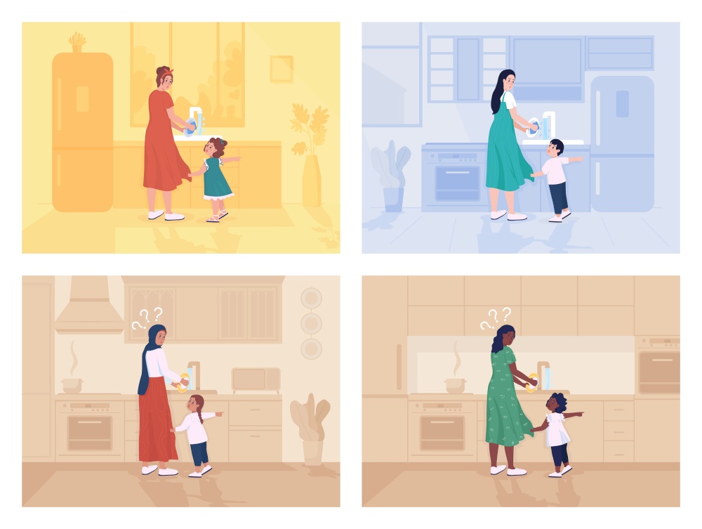 Child distracts mother flat color vector illustration set. Busy parent doing housework. Toddler demands attention. Family 2D cartoon characters with home interior on background collection. Child distracts mother flat color vector illustration set