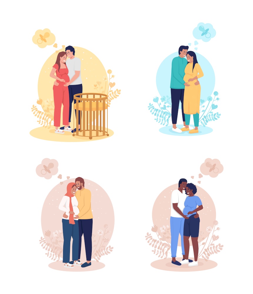Parents expecting baby 2D vector isolated illustration set. Happy couple hugging and thinking of future child. Young family flat characters on cartoon background. Pregnancy colourful scene collection. Parents expecting baby 2D vector isolated illustration set