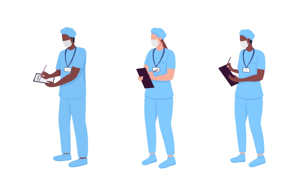 Hospital doctor semi flat color vector character set. Standing figure. Full body people on white. Physician isolated modern cartoon style illustration for graphic design and animation pack. Hospital doctor semi flat color vector character set