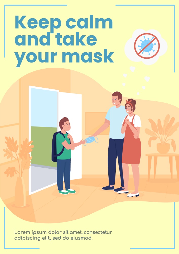 School reopening poster flat vector template. Keep calm and take your mask. Brochure, booklet one page concept design with cartoon characters. Quarantine safety flyer, leaflet with copy space. School reopening poster flat vector template
