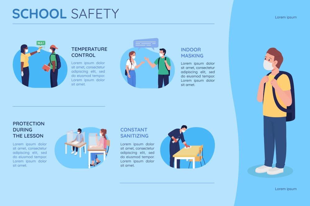 School safety flat color vector infographic template. Protection for students. Poster with text, PPT page concept design with cartoon characters. Creative data visualization. Info banner idea. School safety flat color vector infographic template