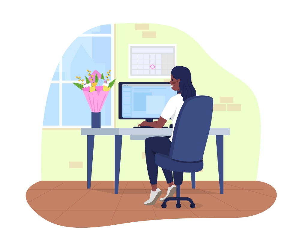 Cozy office 2D vector isolated illustration. Female employee received flowers. Woman sitting at computer desk flat character on cartoon background. Workplace with gifted bouquet colourful scene. Cozy office 2D vector isolated illustration