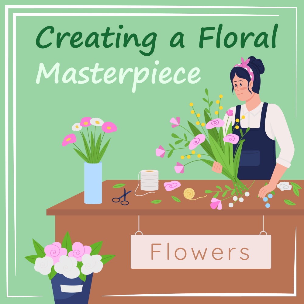 Order bouquet social media post mockup. Creating floral masterpiece phrase. Web banner design template. Florist booster, content layout with inscription. Poster, print ads and flat illustration. Order bouquet social media post mockup