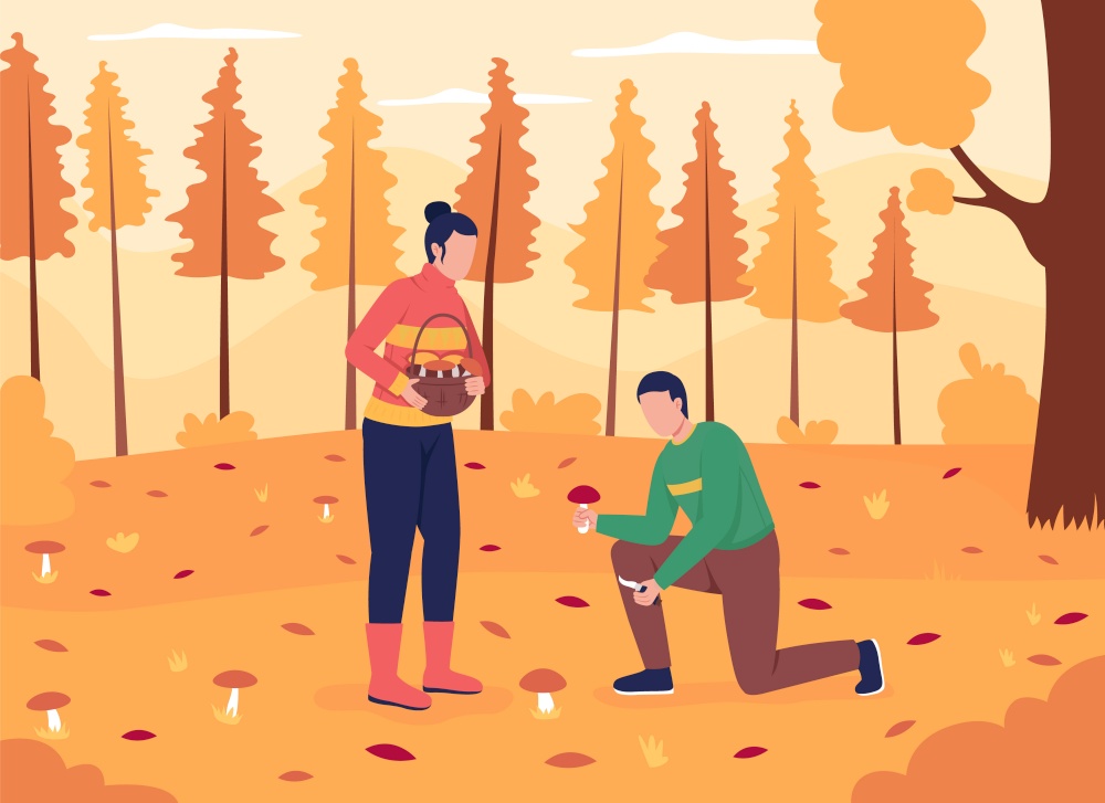 Couple foraging mushrooms flat color vector illustration. Recreational activity in autumn. Together in fall woods. Boyfriend and girlfriend 2D cartoon characters with landscape on background. Couple foraging mushrooms flat color vector illustration.