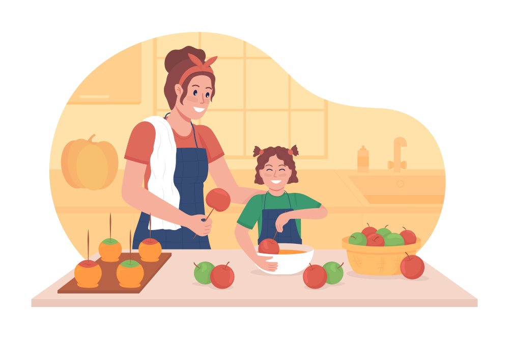 Cooking with kid in fall 2D vector isolated illustration. Making apples in frosting. Mother with kid spending time together flat characters on cartoon background. Fall treats colourful scene. Cooking with kid in fall 2D vector isolated illustration