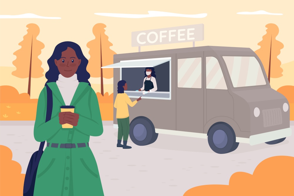 Walk in autumn flat color vector illustration. Buying hot drink for espresso bar in van. Fall activity. Young woman with take out coffee 2D cartoon characters with urban outdoor on background. Walk in autumn flat color vector illustration