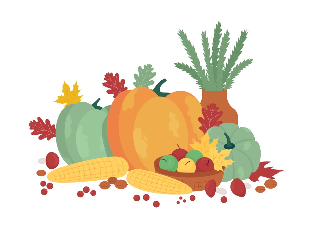 Fall harvest semi flat color vector objects. Fresh pumpkin and corns. Decorative items on white. Autumnal crop isolated modern cartoon style illustration for graphic design and animation. Fall harvest semi flat color vector objects