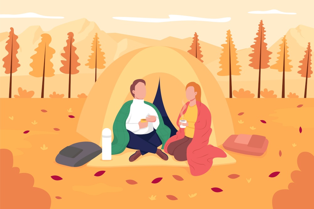Couple camping in fall flat color vector illustration. Recreational activity in autumn. Seasonal hiking. Happy boyfriend and girlfriend 2D cartoon characters with landscape on background. Couple camping in fall flat color vector illustration