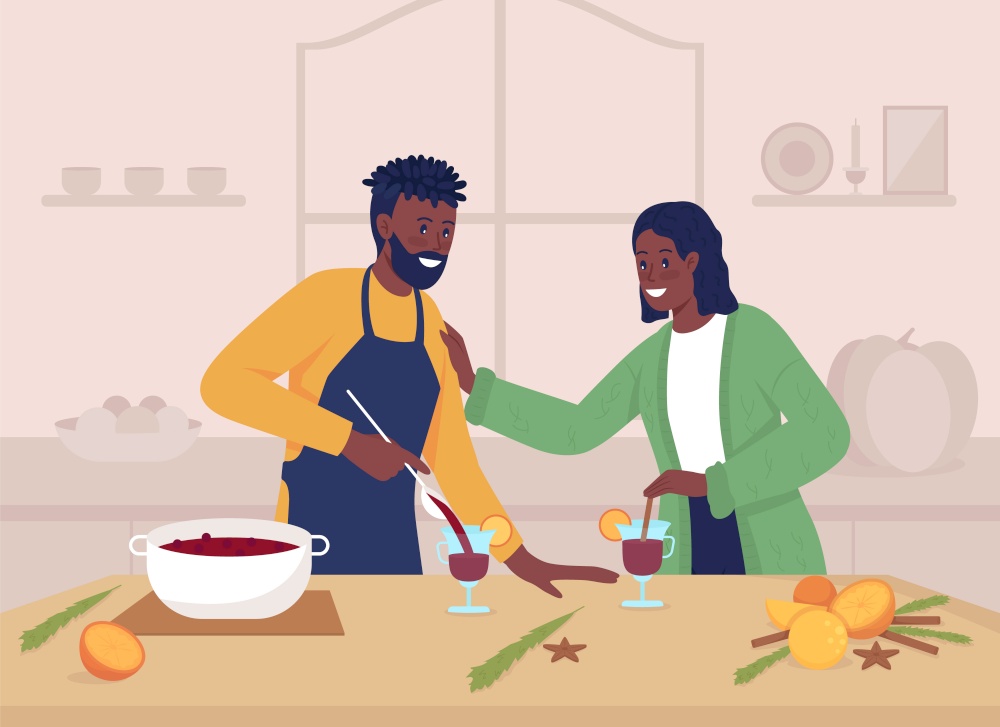 Preparing punch flat color vector illustration. Cooking spiced wine at home together. Smiling man and woman. Happy couple in kitchen 2D cartoon characters with interior on background. Preparing punch flat color vector illustration
