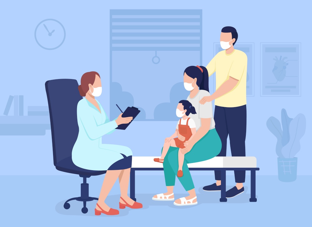 Family visit to doctor flat color vector illustration. Professional medical consultation in hospital. Parents with child meeting physician 2D cartoon characters with interior on background. Family visit to doctor flat color vector illustration