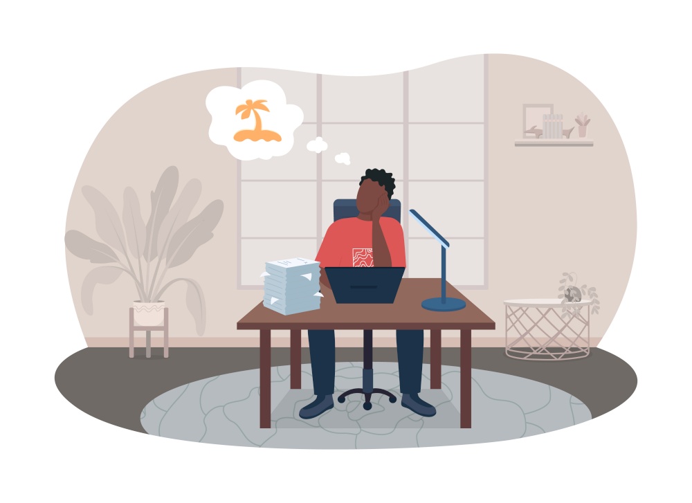 Burnout from work 2D vector isolated illustration. Man sitting at desk thinking of vacation. Depressed flat character on cartoon background. Freelancer in home office colourful scene. Burnout from work 2D vector isolated illustration