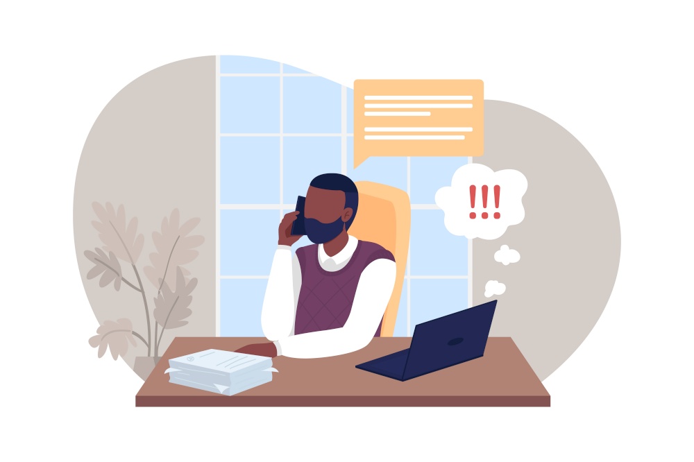 Distraction from work 2D vector isolated illustration. Man talking on phone, ignoring urgent project. Depressed flat character on cartoon background. Freelancer in home office colourful scene. Distraction from work 2D vector isolated illustration