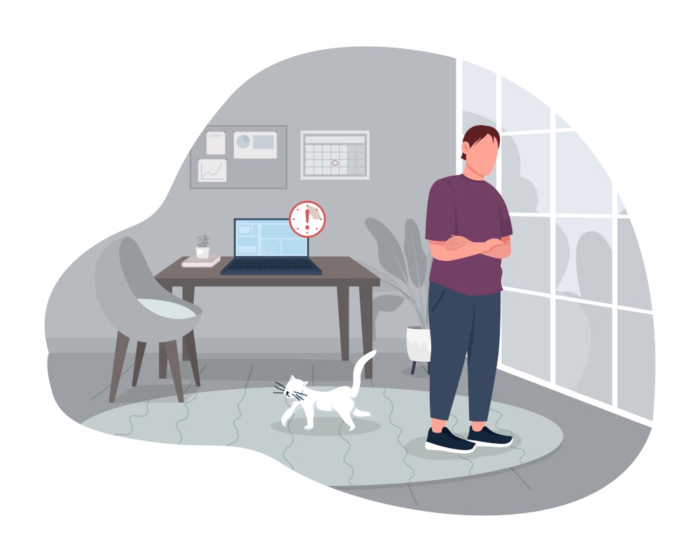 Procrastination from work 2D vector isolated illustration. Missing deadlines. Ignoring urgent project. Depressed flat character on cartoon background. Freelancer in home office colourful scene. Procrastination from work 2D vector isolated illustration