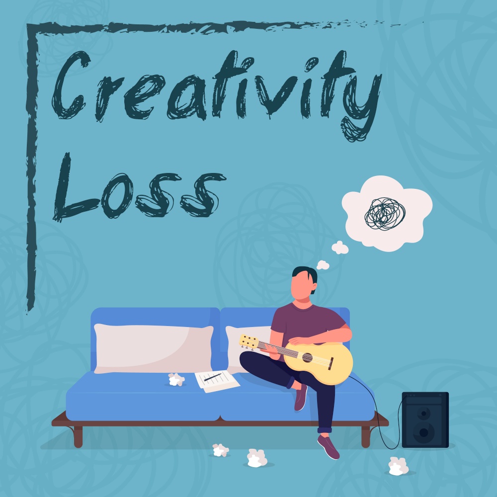Musician burnout social media post mockup. Creativity loss phrase. Web banner design template. Artist block booster, content layout with inscription. Poster, print ads and flat illustration. Musician burnout social media post mockup