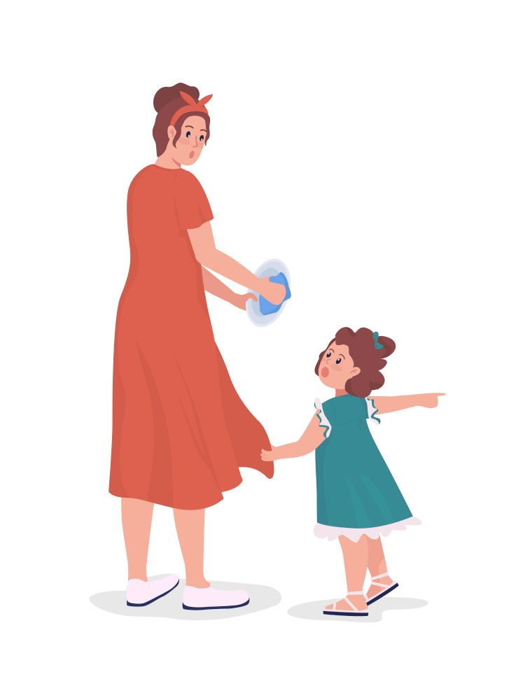 Daughter distracts mom semi flat color vector characters. Standing figures. Full body people on white. Family members isolated modern cartoon style illustration for graphic design and animation. Daughter distracts mom semi flat color vector characters