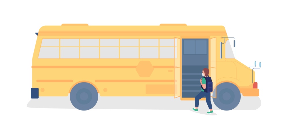 Child boarding school bus semi flat color vector character. Walking figure. Full body person on white. Family member isolated modern cartoon style illustration for graphic design and animation. semi flat color vector character