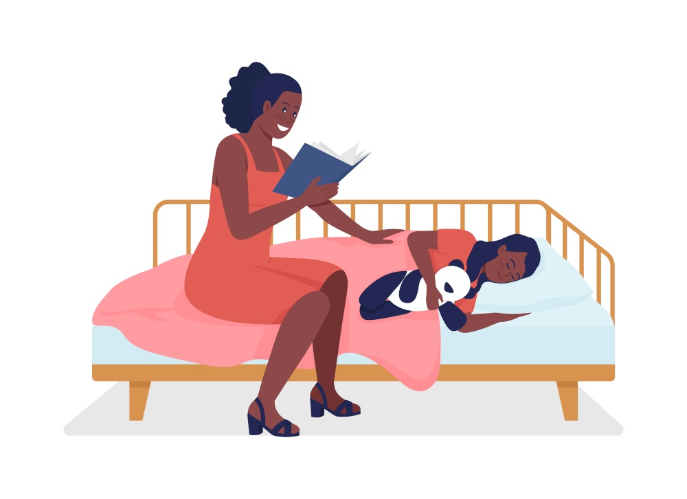 Mom reads for kid semi flat color vector characters. Sitting figures. Full body people on white. Family members isolated modern cartoon style illustration for graphic design and animation. Mom reads for kid semi flat color vector characters