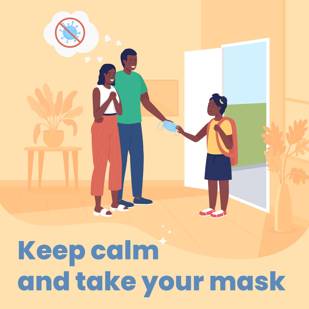 Back to school in quarantine social media post mockup. Keep calm, take your mask phrase. Web banner design template. Booster, content layout with inscription. Poster, print ads and flat illustration. Back to school in quarantine social media post mockup