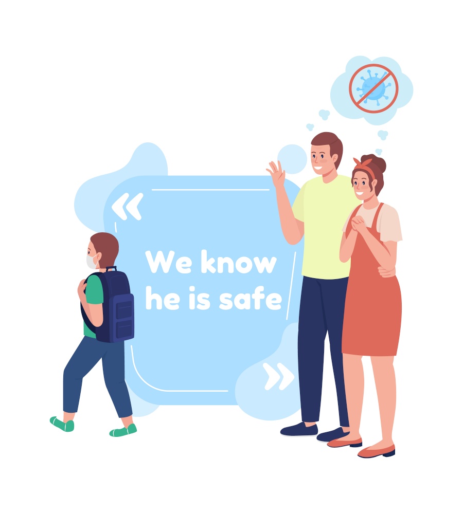 Safe back to school vector quote box with flat character. Protective mask. We know he is safe. Speech bubble with cartoon illustration. Colourful quotation design on white background. Safe back to school vector quote box with flat character