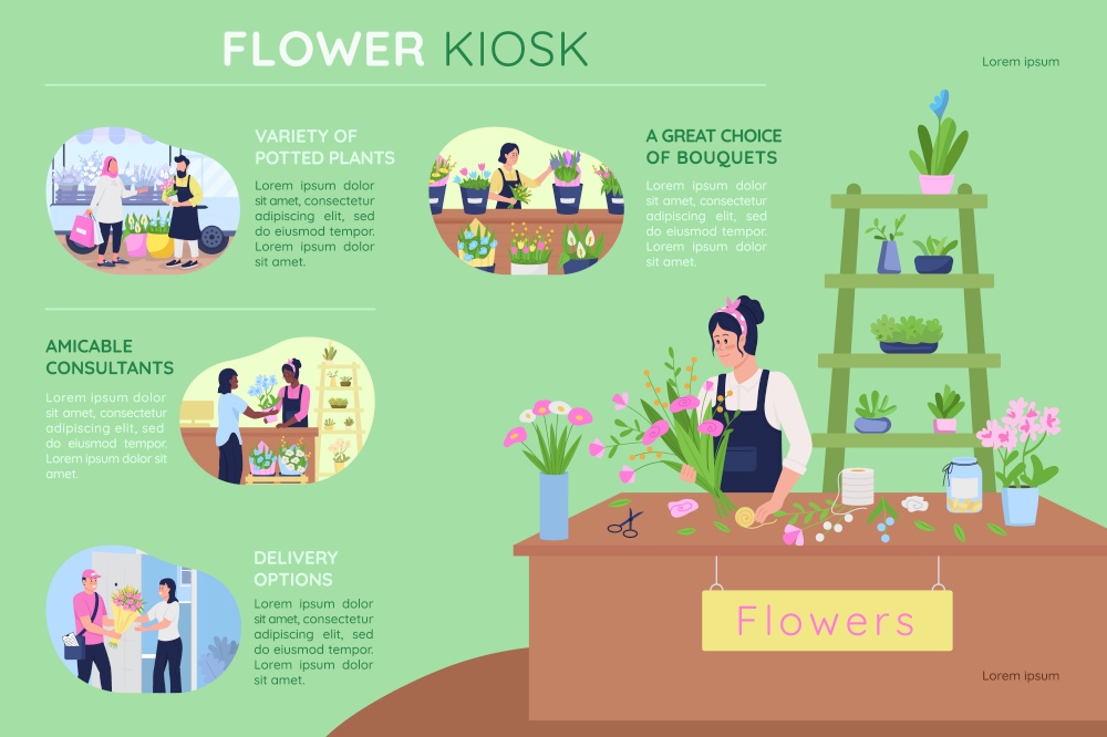 Flower kiosk flat color vector infographic template. Floral arrangement for sale. Poster with text, PPT page concept design with cartoon characters. Creative data visualization. Info banner idea. Flower kiosk flat color vector infographic template