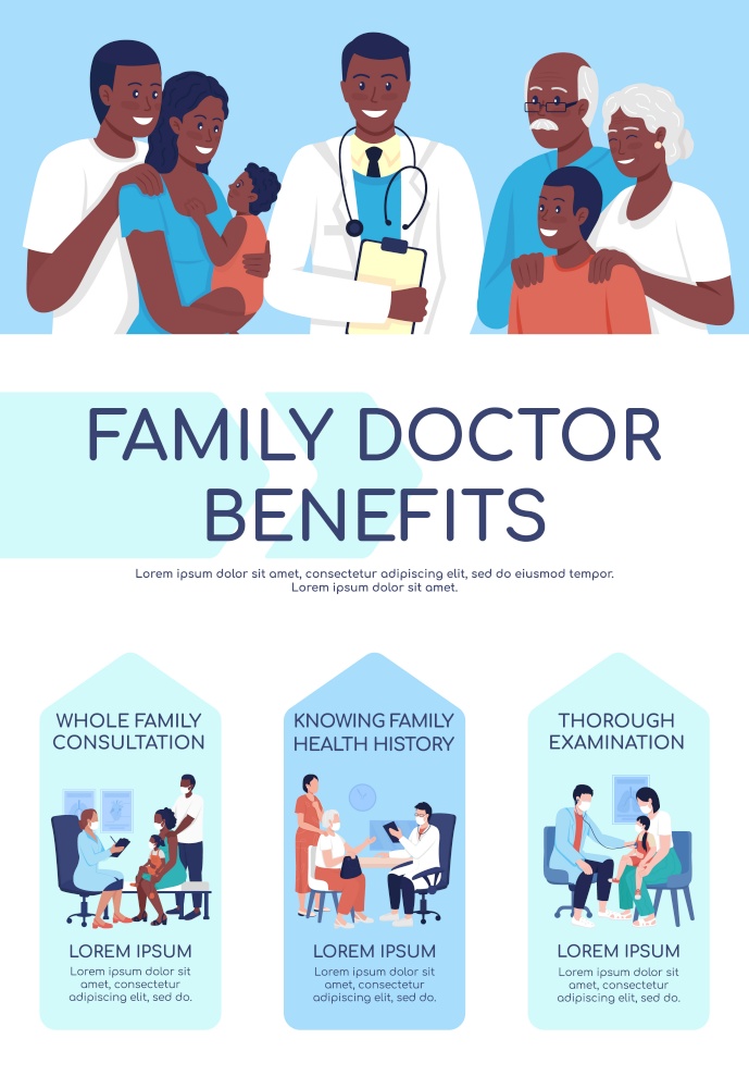 Family doctor benefits flat color vector infographic template. Health care. Poster with text, PPT page concept design with cartoon characters. Creative data visualization. Info banner idea. Family doctor benefits flat color vector infographic template