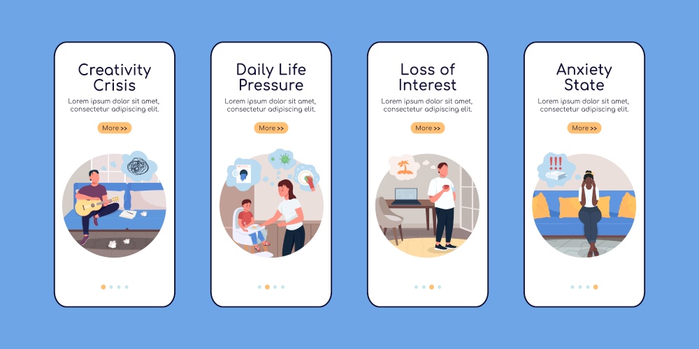 Burnout causes onboarding mobile app screen flat vector template. Tired of work. Walkthrough website 4 steps with characters. Creative UX, UI, GUI smartphone cartoon interface, case prints set. Burnout causes onboarding mobile app screen flat vector template
