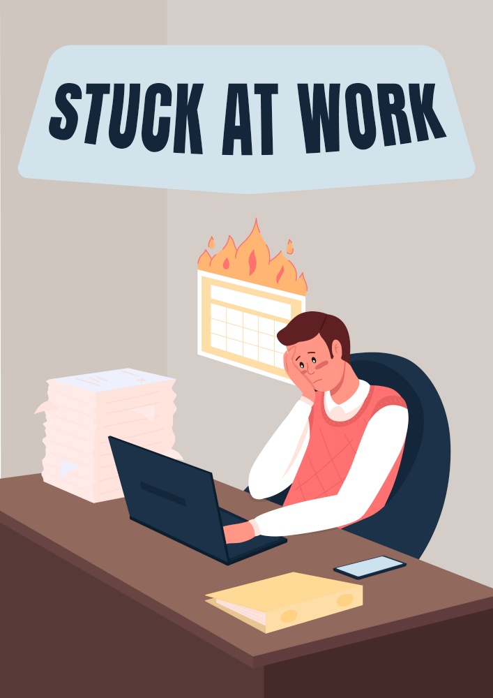 Professional burnout poster flat vector template. Man stuck at work. Brochure, booklet one page concept design with cartoon characters. Stress from job flyer, leaflet with copy space. Professional burnout poster flat vector template