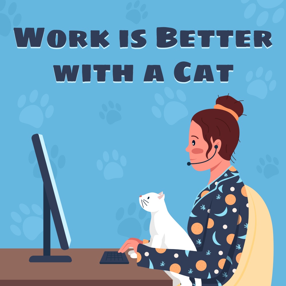 Freelance job social media post mockup. Work is better with a cat phrase. Web banner design template. Remote workplace booster, content layout with inscription. Poster, print ads and flat illustration. Freelance job social media post mockup