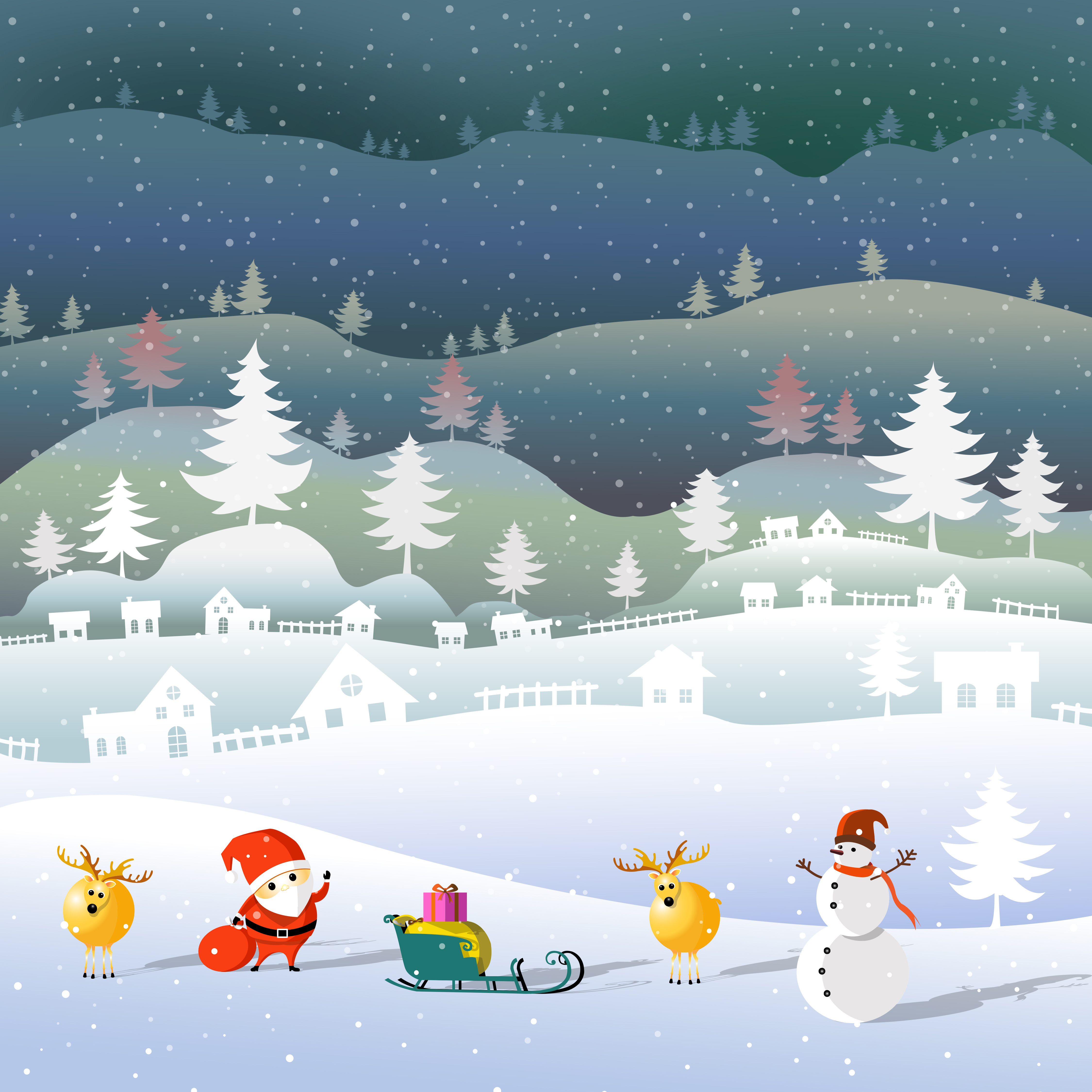 Merry Christmas and Happy New Year, Santa claus and snowflake with snowman and deers, Mountain and cloud beauty used for printing on book cover, banner, magazine, greeting card, vector illustration.