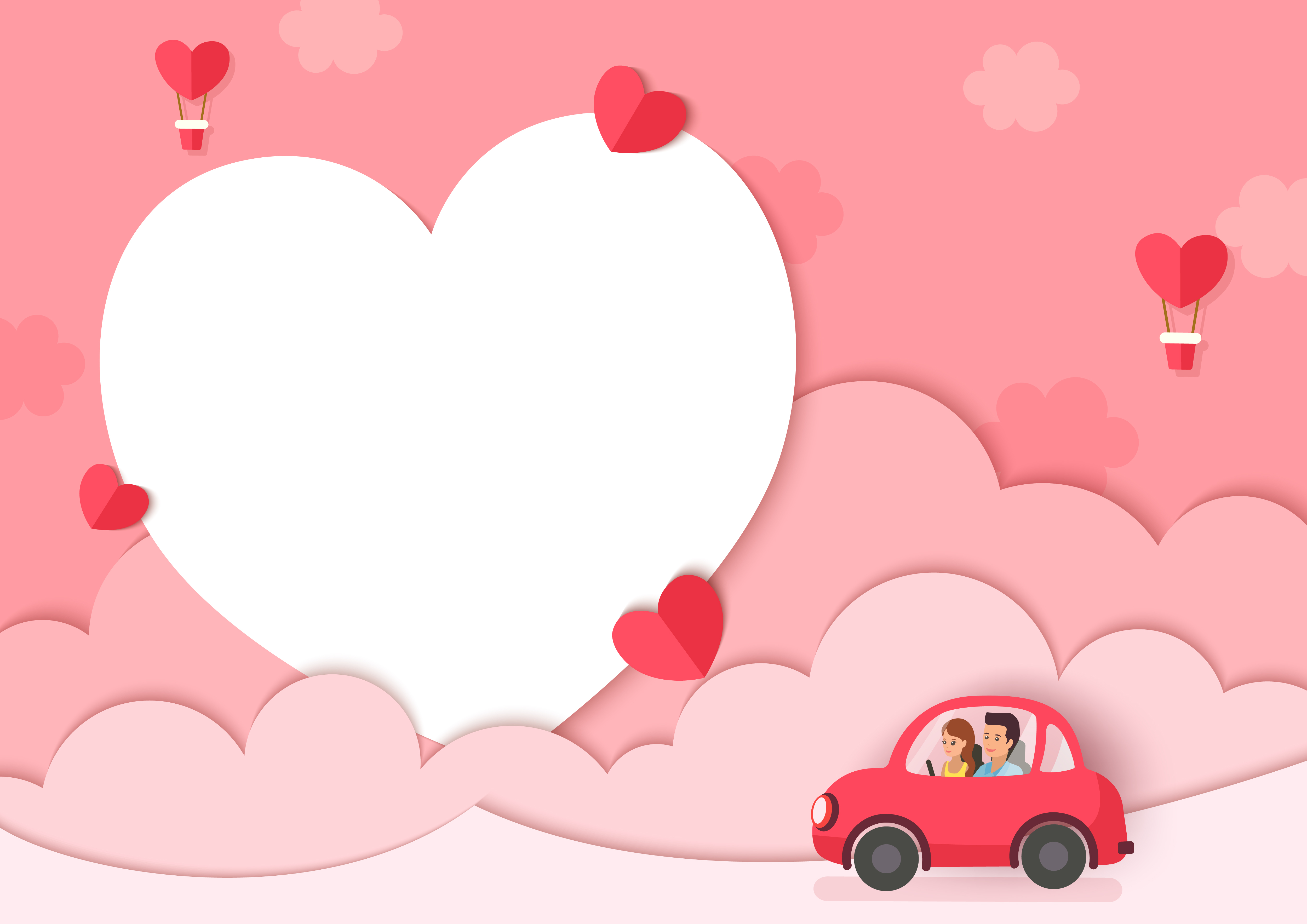 Illustration of lover on car with pink background and heart frame