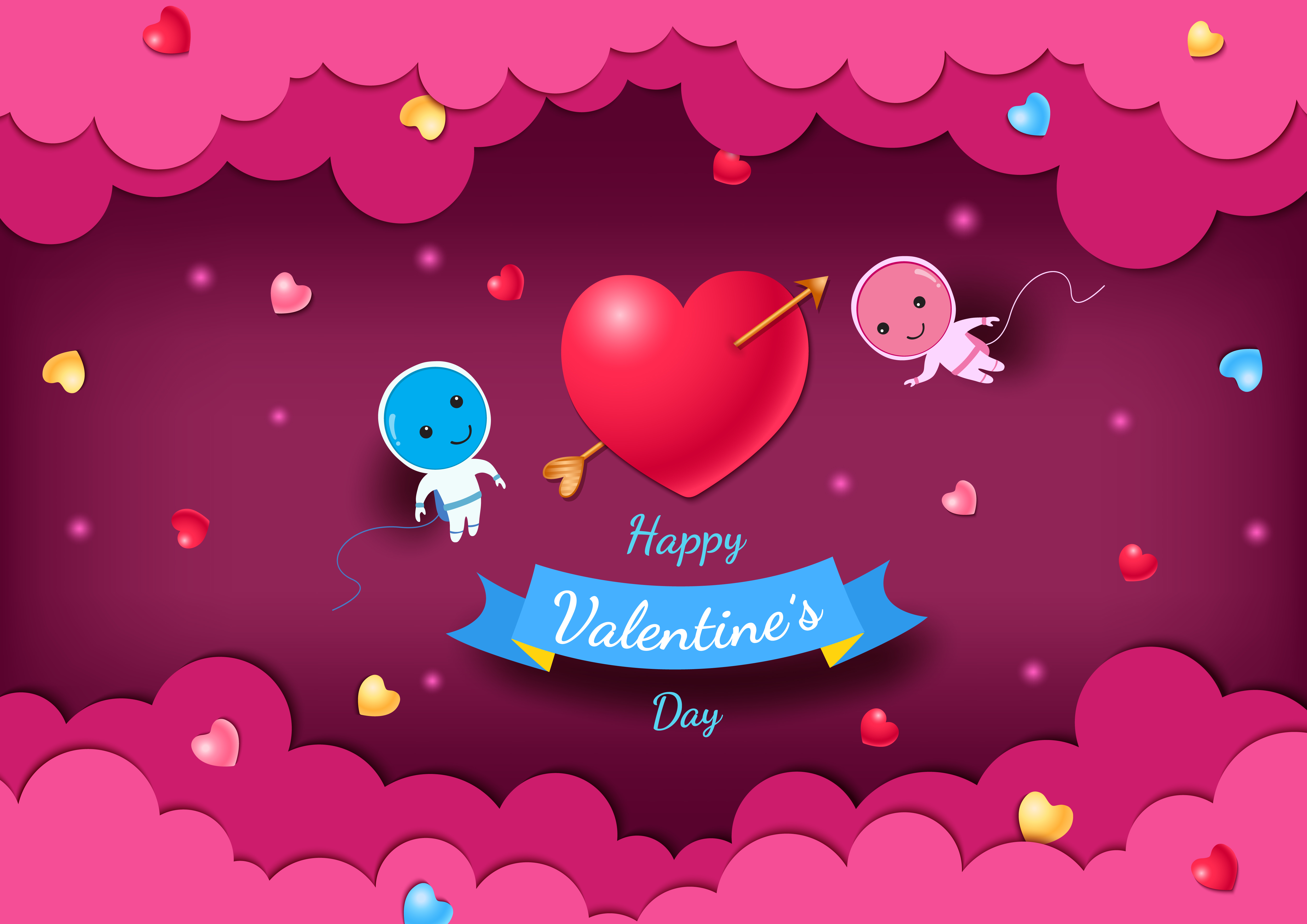 Illustration of Happy Valentine&rsquo; Day with lover astronaut on pink space background.