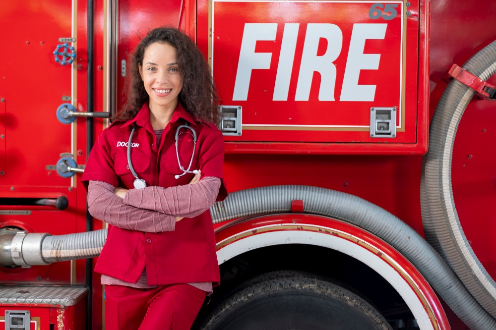 Beautiful emergency doctor woman stand and lean fire truck with smiling. Concept of supporting people during emergency of disaster event.